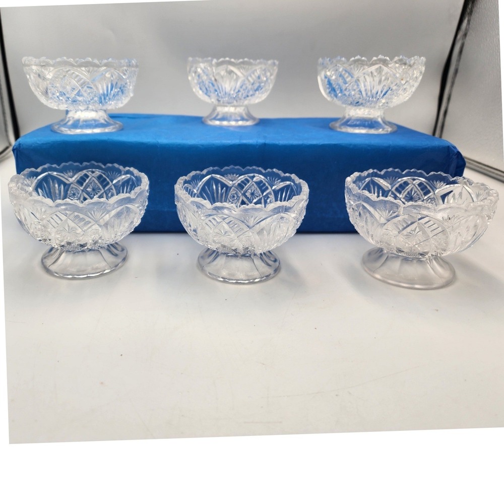 Vintage Clear Pressed Glass Footed Dessert Bowls Sawtooth Rim Set of 6 Starburst